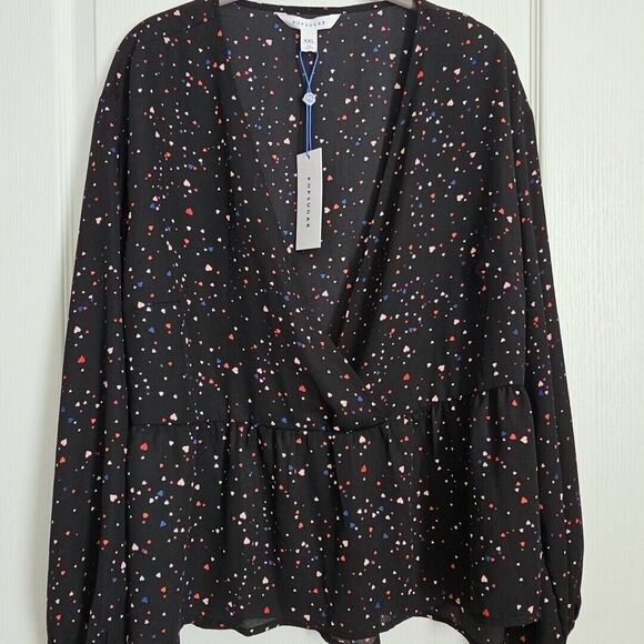 POPSUGAR Sheer Crossover Babydoll Top Blouse XXL Black Ditzy Hearts Cute Goth - Picture 1 of 15